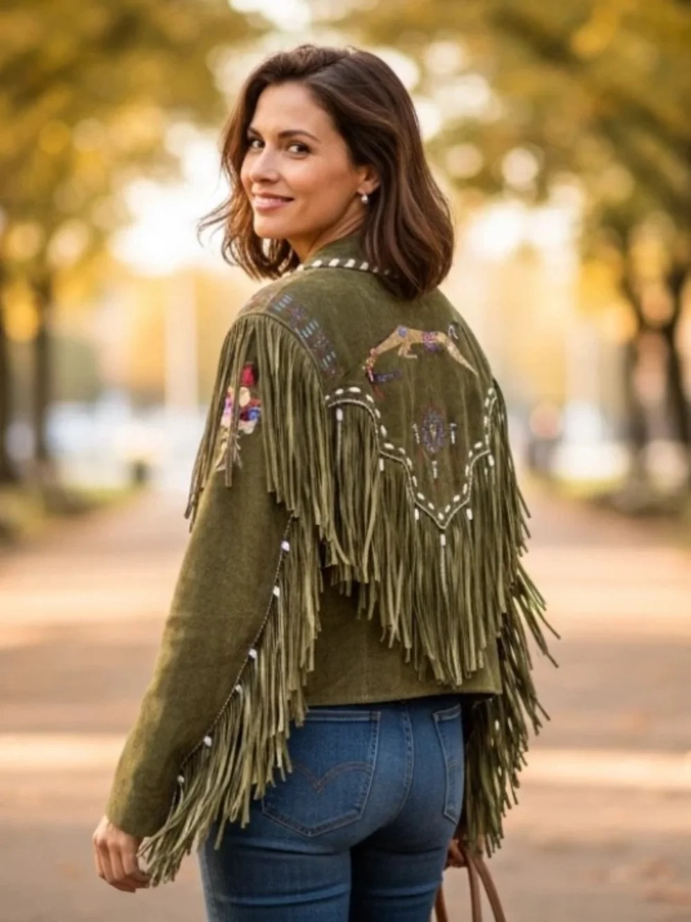 Patricia Wolf Patty Lewis hand painted leather fringe jacket Natice American boh - Picture 7 of 12